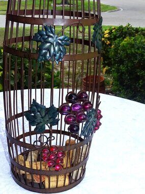 Tall Cork Cage Wine Barrel with Glass Grapes and Leaves
